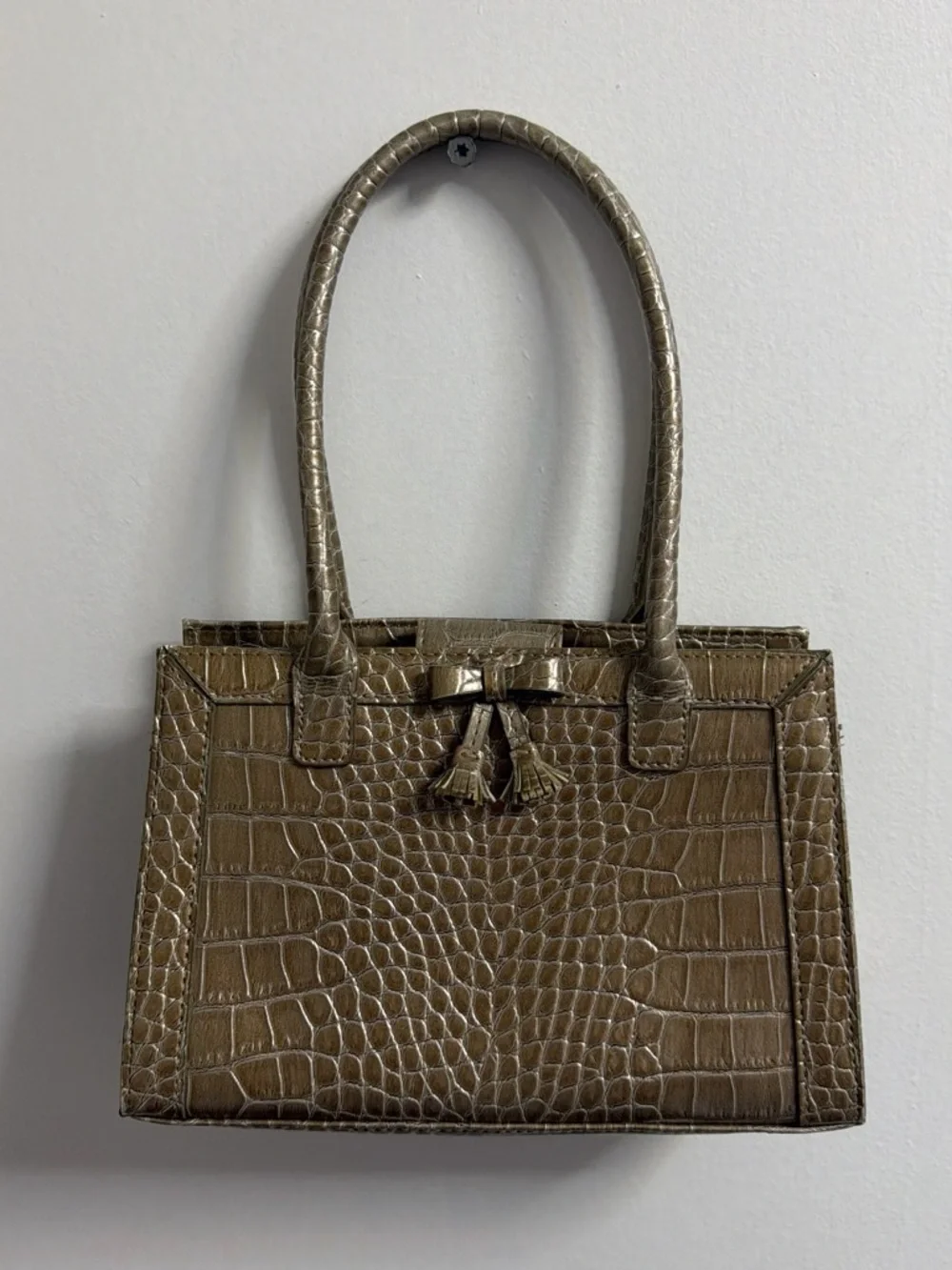 Liz Claiborne Gray Metallic Taupe Faux Croc-Embossed Mini Satchel with Tassel
